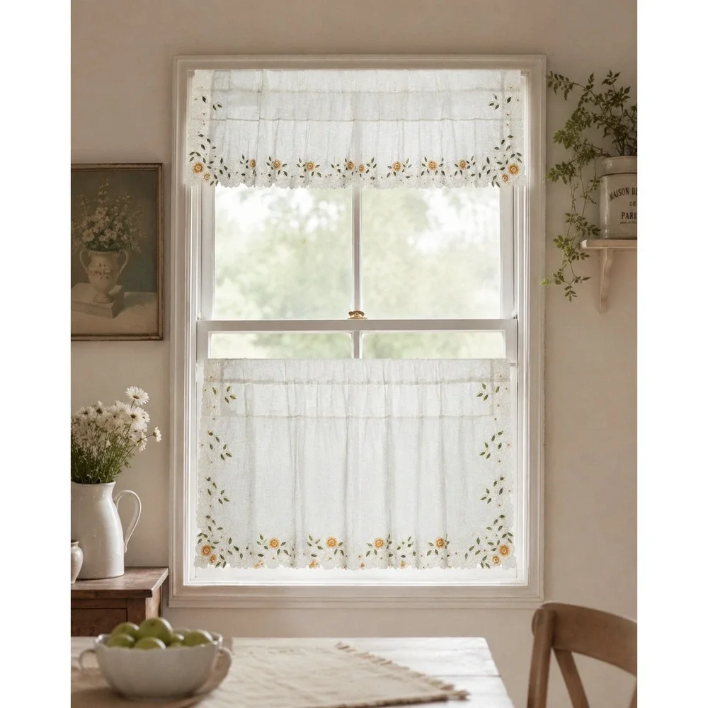 Vintage Style Floral Embroidered Scalloped Edge Table Linens Cream Set of 8